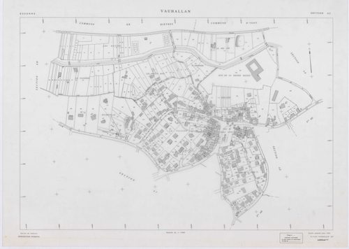 VAUHALLAN, plans minutes de conservation : tableau d'assemblage,1935, Ech. 1/5000 ; plans des sections Y, Z, 1961, Ech. 1/2000, sections AE, AH, AI, 1996, Ech. 1/1000, section AD, 1997, Ech. 1/1000, sections AB, AC, 1998, Ech. 1/1000. Polyester. N et B. D