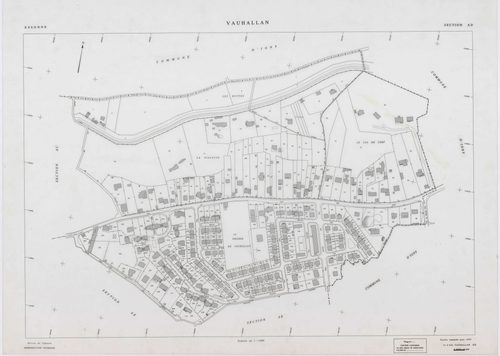 VAUHALLAN, plans minutes de conservation : tableau d'assemblage,1935, Ech. 1/5000 ; plans des sections Y, Z, 1961, Ech. 1/2000, sections AE, AH, AI, 1996, Ech. 1/1000, section AD, 1997, Ech. 1/1000, sections AB, AC, 1998, Ech. 1/1000. Polyester. N et B. D