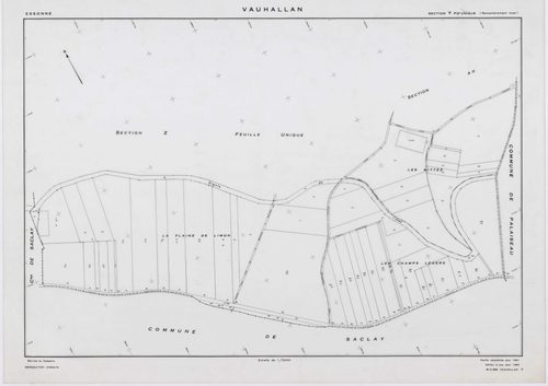VAUHALLAN, plans minutes de conservation : tableau d'assemblage,1935, Ech. 1/5000 ; plans des sections Y, Z, 1961, Ech. 1/2000, sections AE, AH, AI, 1996, Ech. 1/1000, section AD, 1997, Ech. 1/1000, sections AB, AC, 1998, Ech. 1/1000. Polyester. N et B. D