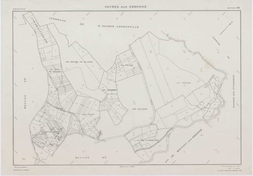 VAYRES-SUR-ESSONNE, plans minutes de conservation : tableau d'assemblage, 1965, Ech. 1/10000 ; plans des sections AB, AI, 1965, Ech. 1/2000, sections AC, AD, AE, AH, 1965, Ech. 1/1000, section AK, 1965, Ech. 1/5000, sections ZA, ZB, ZC, ZD, 1970, Ech. 1/2
