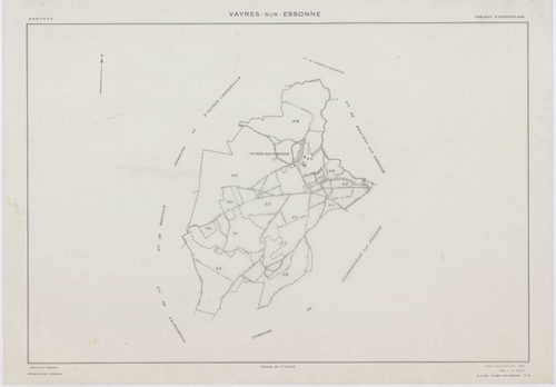 VAYRES-SUR-ESSONNE, plans minutes de conservation : tableau d'assemblage, 1965, Ech. 1/10000 ; plans des sections AB, AI, 1965, Ech. 1/2000, sections AC, AD, AE, AH, 1965, Ech. 1/1000, section AK, 1965, Ech. 1/5000, sections ZA, ZB, ZC, ZD, 1970, Ech. 1/2