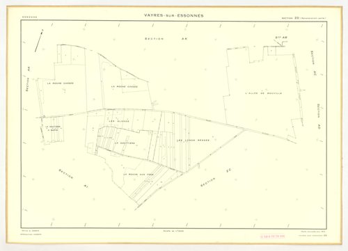 Plans minutes de conservation : VAYRES-SUR-ESSONNE : tableau d'assemblage, ech. 1/10000 (1965-1970), section AB, ech. 1/2000 (1965), sections AC, AD, AE, ech. 1/1000 (1965) ; sections ZA, ZB, ZC, ZD, ech. 1/2000 (1970) ; section AH, ech. 1/1000, section A