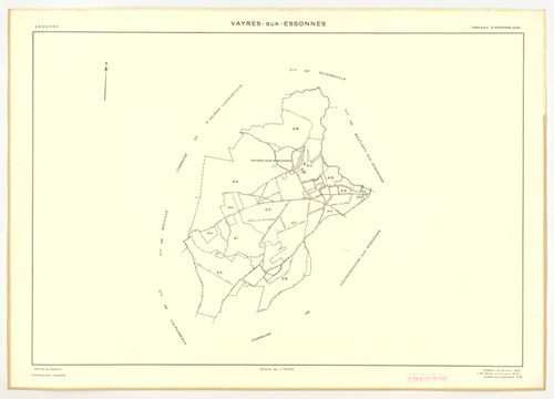 Plans minutes de conservation : VAYRES-SUR-ESSONNE : tableau d'assemblage, ech. 1/10000 (1965-1970), section AB, ech. 1/2000 (1965), sections AC, AD, AE, ech. 1/1000 (1965) ; sections ZA, ZB, ZC, ZD, ech. 1/2000 (1970) ; section AH, ech. 1/1000, section A