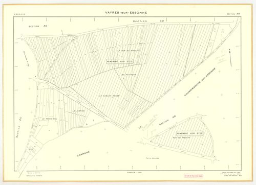 Plans minutes de conservation : VAYRES-SUR-ESSONNE : tableau d'assemblage, ech. 1/10000 (1965-1970), section AB, ech. 1/2000 (1965), sections AC, AD, AE, ech. 1/1000 (1965) ; sections ZA, ZB, ZC, ZD, ech. 1/2000 (1970) ; section AH, ech. 1/1000, section A