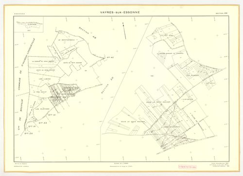 Plans minutes de conservation : VAYRES-SUR-ESSONNE : tableau d'assemblage, ech. 1/10000 (1965-1970), section AB, ech. 1/2000 (1965), sections AC, AD, AE, ech. 1/1000 (1965) ; sections ZA, ZB, ZC, ZD, ech. 1/2000 (1970) ; section AH, ech. 1/1000, section A