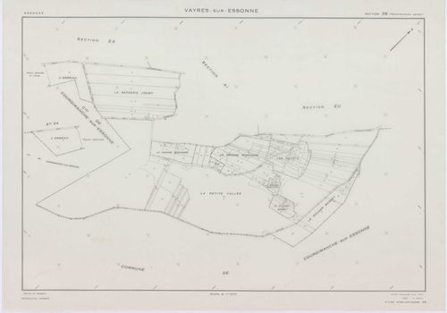 VAYRES-SUR-ESSONNE, plans minutes de conservation : tableau d'assemblage, 1965, Ech. 1/10000 ; plans des sections AB, AI, 1965, Ech. 1/2000, sections AC, AD, AE, AH, 1965, Ech. 1/1000, section AK, 1965, Ech. 1/5000, sections ZA, ZB, ZC, ZD, 1970, Ech. 1/2