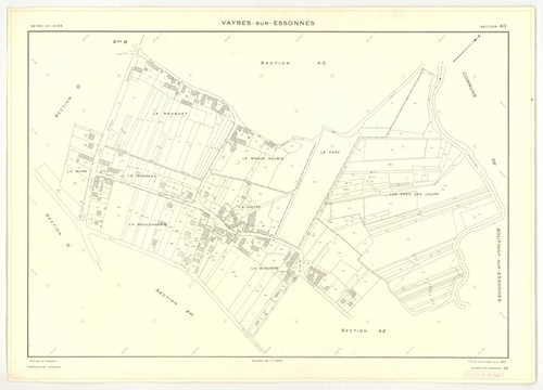 Plans minutes de conservation : VAYRES-SUR-ESSONNE : tableau d'assemblage, ech. 1/10000 (1965-1970), section AB, ech. 1/2000 (1965), sections AC, AD, AE, ech. 1/1000 (1965) ; sections ZA, ZB, ZC, ZD, ech. 1/2000 (1970) ; section AH, ech. 1/1000, section A