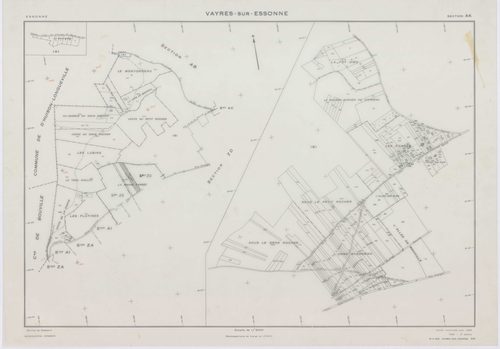 VAYRES-SUR-ESSONNE, plans minutes de conservation : tableau d'assemblage, 1965, Ech. 1/10000 ; plans des sections AB, AI, 1965, Ech. 1/2000, sections AC, AD, AE, AH, 1965, Ech. 1/1000, section AK, 1965, Ech. 1/5000, sections ZA, ZB, ZC, ZD, 1970, Ech. 1/2