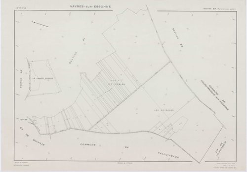 VAYRES-SUR-ESSONNE, plans minutes de conservation : tableau d'assemblage, 1965, Ech. 1/10000 ; plans des sections AB, AI, 1965, Ech. 1/2000, sections AC, AD, AE, AH, 1965, Ech. 1/1000, section AK, 1965, Ech. 1/5000, sections ZA, ZB, ZC, ZD, 1970, Ech. 1/2