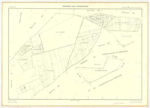 Plans minutes de conservation : VAYRES-SUR-ESSONNE : tableau d'assemblage, ech. 1/10000 (1965-1970), section AB, ech. 1/2000 (1965), sections AC, AD, AE, ech. 1/1000 (1965) ; sections ZA, ZB, ZC, ZD, ech. 1/2000 (1970) ; section AH, ech. 1/1000, section A