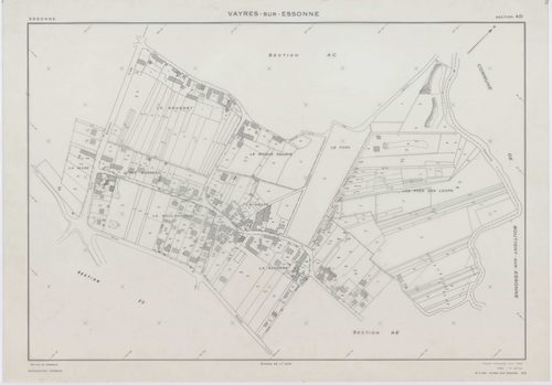 VAYRES-SUR-ESSONNE, plans minutes de conservation : tableau d'assemblage, 1965, Ech. 1/10000 ; plans des sections AB, AI, 1965, Ech. 1/2000, sections AC, AD, AE, AH, 1965, Ech. 1/1000, section AK, 1965, Ech. 1/5000, sections ZA, ZB, ZC, ZD, 1970, Ech. 1/2