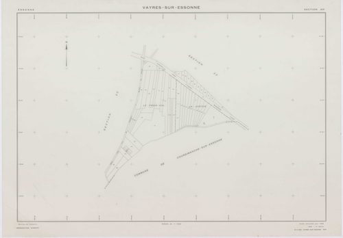 VAYRES-SUR-ESSONNE, plans minutes de conservation : tableau d'assemblage, 1965, Ech. 1/10000 ; plans des sections AB, AI, 1965, Ech. 1/2000, sections AC, AD, AE, AH, 1965, Ech. 1/1000, section AK, 1965, Ech. 1/5000, sections ZA, ZB, ZC, ZD, 1970, Ech. 1/2