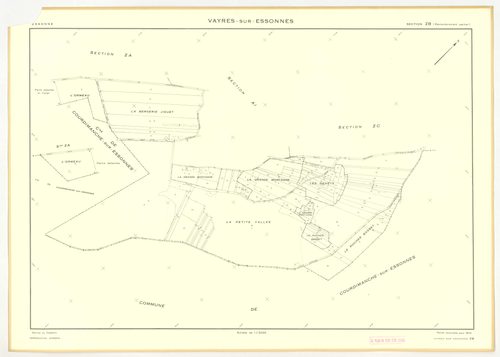 Plans minutes de conservation : VAYRES-SUR-ESSONNE : tableau d'assemblage, ech. 1/10000 (1965-1970), section AB, ech. 1/2000 (1965), sections AC, AD, AE, ech. 1/1000 (1965) ; sections ZA, ZB, ZC, ZD, ech. 1/2000 (1970) ; section AH, ech. 1/1000, section A