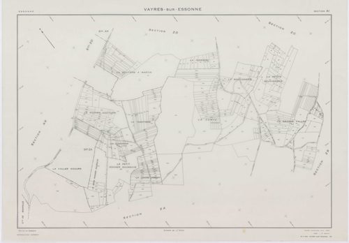 VAYRES-SUR-ESSONNE, plans minutes de conservation : tableau d'assemblage, 1965, Ech. 1/10000 ; plans des sections AB, AI, 1965, Ech. 1/2000, sections AC, AD, AE, AH, 1965, Ech. 1/1000, section AK, 1965, Ech. 1/5000, sections ZA, ZB, ZC, ZD, 1970, Ech. 1/2