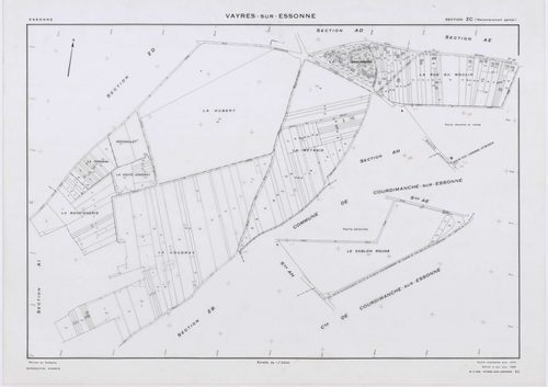 VAYRES-SUR-ESSONNE, plans minutes de conservation : tableau d'assemblage, 1965, Ech. 1/10000 ; plans des sections AB, AI, 1965, Ech. 1/2000, sections AC, AD, AE, AH, 1965, Ech. 1/1000, section AK, 1965, Ech. 1/5000, sections ZA, ZB, ZC, ZD, 1970, Ech. 1/2