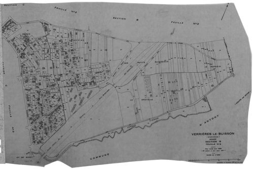 VERRIERES-LE-BUISSON. - Cadastre révisé pour 1936 : plans de la section B les Graviers 1ère feuille, idem 3ème feuille, section C le Village 1ère feuille, idem 2ème feuille, idem 3ème feuille, section D Amblainvilliers 3ème feuille, idem 4ème feuille ; ca