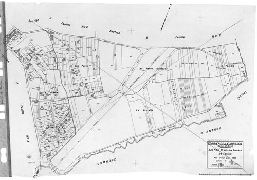 VERRIERES-LE-BUISSON. - Cadastre révisé pour 1936 : plans de la section B les Graviers 1ère feuille, idem 3ème feuille, section C le Village 1ère feuille, idem 2ème feuille, idem 3ème feuille, section D Amblainvilliers 3ème feuille, idem 4ème feuille ; ca