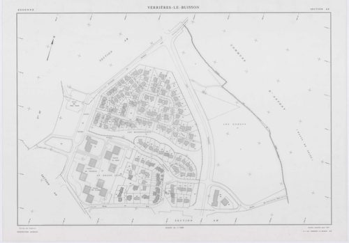 VERRIERES-LE-BUISSON, plans minutes de conservation : tableau d'assemblage,1936, Ech. 1/10000 ; plans des sections A1, 1936, Ech. 1/5000, sections A3, A4, A5, 1936, Ech. 1/2500, section A2, 1936, Ech. 1/1250, sections AA, AB, AC, AD, AE, AH, AI, AK, AL, A