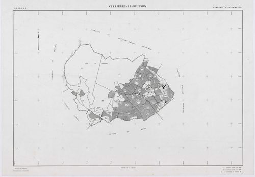 VERRIERES-LE-BUISSON, plans minutes de conservation : tableau d'assemblage,1936, Ech. 1/10000 ; plans des sections A1, 1936, Ech. 1/5000, sections A3, A4, A5, 1936, Ech. 1/2500, section A2, 1936, Ech. 1/1250, sections AA, AB, AC, AD, AE, AH, AI, AK, AL, A
