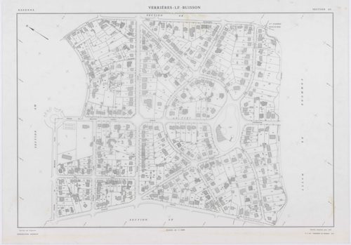 VERRIERES-LE-BUISSON, plans minutes de conservation : tableau d'assemblage,1936, Ech. 1/10000 ; plans des sections A1, 1936, Ech. 1/5000, sections A3, A4, A5, 1936, Ech. 1/2500, section A2, 1936, Ech. 1/1250, sections AA, AB, AC, AD, AE, AH, AI, AK, AL, A