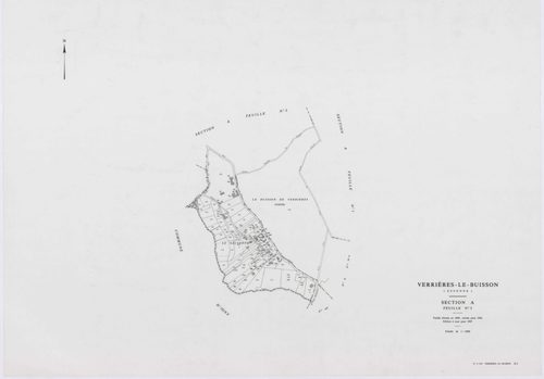 VERRIERES-LE-BUISSON, plans minutes de conservation : tableau d'assemblage,1936, Ech. 1/10000 ; plans des sections A1, 1936, Ech. 1/5000, sections A3, A4, A5, 1936, Ech. 1/2500, section A2, 1936, Ech. 1/1250, sections AA, AB, AC, AD, AE, AH, AI, AK, AL, A