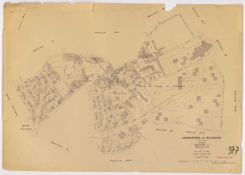 VERRIERES-LE-BUISSON. - Plan révisé pour 1936, à jour pour 1980 (3ème, 4ème édition) : plans des sections A (feuilles 1-5), B dite des Graviers (feuilles 1-3), C (feuilles 1-3) et D dite d'Amblainvilliers (feuilles 1-4). [15 plans]. 