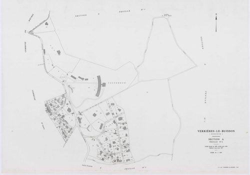 VERRIERES-LE-BUISSON, plans minutes de conservation : tableau d'assemblage,1936, Ech. 1/10000 ; plans des sections A1, 1936, Ech. 1/5000, sections A3, A4, A5, 1936, Ech. 1/2500, section A2, 1936, Ech. 1/1250, sections AA, AB, AC, AD, AE, AH, AI, AK, AL, A