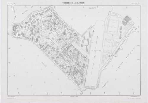 VERRIERES-LE-BUISSON, plans minutes de conservation : tableau d'assemblage,1936, Ech. 1/10000 ; plans des sections A1, 1936, Ech. 1/5000, sections A3, A4, A5, 1936, Ech. 1/2500, section A2, 1936, Ech. 1/1250, sections AA, AB, AC, AD, AE, AH, AI, AK, AL, A