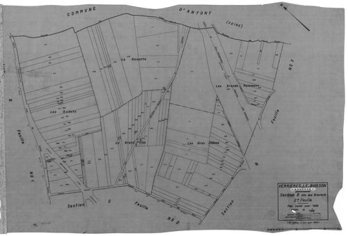 VERRIERES-LE-BUISSON. - Cadastre révisé pour 1936 : plans de la section B les Graviers 1ère feuille, idem 3ème feuille, section C le Village 1ère feuille, idem 2ème feuille, idem 3ème feuille, section D Amblainvilliers 3ème feuille, idem 4ème feuille ; ca