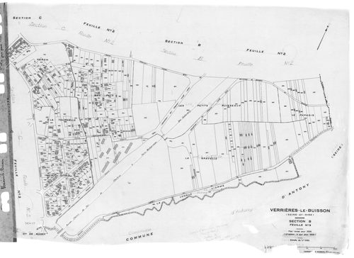 VERRIERES-LE-BUISSON. - Cadastre révisé pour 1936 : plans de la section B les Graviers 1ère feuille, idem 3ème feuille, section C le Village 1ère feuille, idem 2ème feuille, idem 3ème feuille, section D Amblainvilliers 3ème feuille, idem 4ème feuille ; ca
