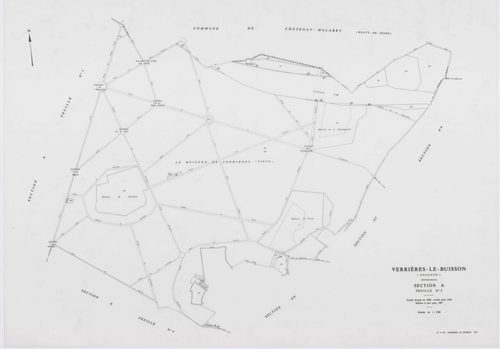 VERRIERES-LE-BUISSON, plans minutes de conservation : tableau d'assemblage,1936, Ech. 1/10000 ; plans des sections A1, 1936, Ech. 1/5000, sections A3, A4, A5, 1936, Ech. 1/2500, section A2, 1936, Ech. 1/1250, sections AA, AB, AC, AD, AE, AH, AI, AK, AL, A