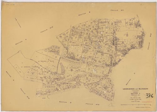 VERRIERES-LE-BUISSON. - Plan révisé pour 1936, à jour pour 1980 (3ème, 4ème édition) : plans des sections A (feuilles 1-5), B dite des Graviers (feuilles 1-3), C (feuilles 1-3) et D dite d'Amblainvilliers (feuilles 1-4). [15 plans]. 