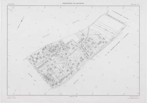 VERRIERES-LE-BUISSON, plans minutes de conservation : tableau d'assemblage,1936, Ech. 1/10000 ; plans des sections A1, 1936, Ech. 1/5000, sections A3, A4, A5, 1936, Ech. 1/2500, section A2, 1936, Ech. 1/1250, sections AA, AB, AC, AD, AE, AH, AI, AK, AL, A
