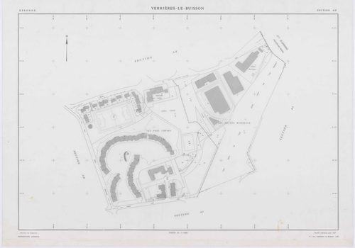 VERRIERES-LE-BUISSON, plans minutes de conservation : tableau d'assemblage,1936, Ech. 1/10000 ; plans des sections A1, 1936, Ech. 1/5000, sections A3, A4, A5, 1936, Ech. 1/2500, section A2, 1936, Ech. 1/1250, sections AA, AB, AC, AD, AE, AH, AI, AK, AL, A