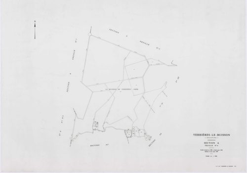 VERRIERES-LE-BUISSON, plans minutes de conservation : tableau d'assemblage,1936, Ech. 1/10000 ; plans des sections A1, 1936, Ech. 1/5000, sections A3, A4, A5, 1936, Ech. 1/2500, section A2, 1936, Ech. 1/1250, sections AA, AB, AC, AD, AE, AH, AI, AK, AL, A