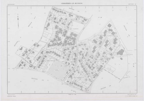 VERRIERES-LE-BUISSON, plans minutes de conservation : tableau d'assemblage,1936, Ech. 1/10000 ; plans des sections A1, 1936, Ech. 1/5000, sections A3, A4, A5, 1936, Ech. 1/2500, section A2, 1936, Ech. 1/1250, sections AA, AB, AC, AD, AE, AH, AI, AK, AL, A