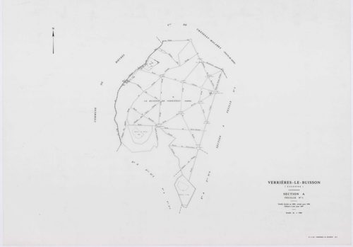 VERRIERES-LE-BUISSON, plans minutes de conservation : tableau d'assemblage,1936, Ech. 1/10000 ; plans des sections A1, 1936, Ech. 1/5000, sections A3, A4, A5, 1936, Ech. 1/2500, section A2, 1936, Ech. 1/1250, sections AA, AB, AC, AD, AE, AH, AI, AK, AL, A