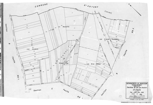 VERRIERES-LE-BUISSON. - Cadastre révisé pour 1936 : plans de la section B les Graviers 1ère feuille, idem 3ème feuille, section C le Village 1ère feuille, idem 2ème feuille, idem 3ème feuille, section D Amblainvilliers 3ème feuille, idem 4ème feuille ; ca