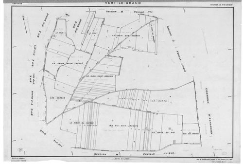 VERT-LE-GRAND. - Cadastre révisé pour 1936 : plan du tableau d'assemblage, plans de la section A les Noues 1ère feuille, section B Montaubert 1ère feuille, idem 2ème feuille, idem 3ème feuille, section D le Village 2ème feuille ; cadastre renouvelé pour 1