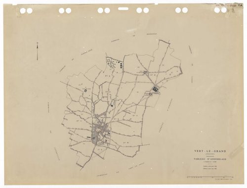 VERT-LE-GRAND, plans minutes de conservation : tableau d'assemblage,1936, Ech. 1/10000 ; plans des sections A1, A2, B1, B2, B3, CU, 1936, Ech. 1/2500, sections V1, V2, WU, XU, ZU, 1954, Ech. 1/2500. Polyester. N et B. Dim. 105 x 80 cm [12 plans]. 