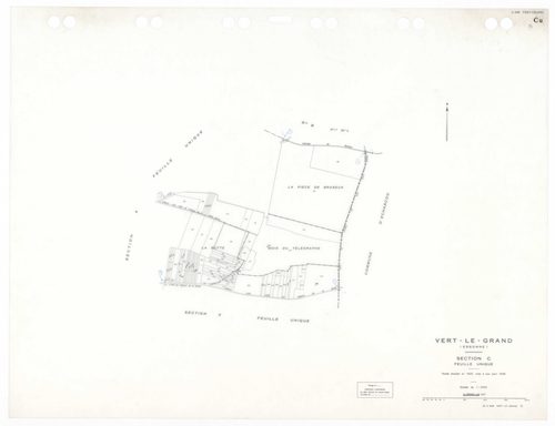 VERT-LE-GRAND, plans minutes de conservation : tableau d'assemblage,1936, Ech. 1/10000 ; plans des sections A1, A2, B1, B2, B3, CU, 1936, Ech. 1/2500, sections V1, V2, WU, XU, ZU, 1954, Ech. 1/2500. Polyester. N et B. Dim. 105 x 80 cm [12 plans]. 