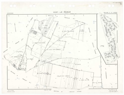 VERT-LE-GRAND, plans minutes de conservation : tableau d'assemblage,1936, Ech. 1/10000 ; plans des sections A1, A2, B1, B2, B3, CU, 1936, Ech. 1/2500, sections V1, V2, WU, XU, ZU, 1954, Ech. 1/2500. Polyester. N et B. Dim. 105 x 80 cm [12 plans]. 