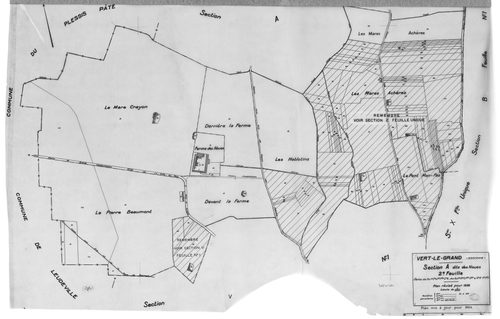 VERT-LE-GRAND. - Cadastre révisé pour 1936 : plan du tableau d'assemblage, plans de la section A les Noues 1ère feuille, section B Montaubert 1ère feuille, idem 2ème feuille, idem 3ème feuille, section D le Village 2ème feuille ; cadastre renouvelé pour 1