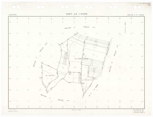VERT-LE-GRAND, plans minutes de conservation : tableau d'assemblage,1936, Ech. 1/10000 ; plans des sections A1, A2, B1, B2, B3, CU, 1936, Ech. 1/2500, sections V1, V2, WU, XU, ZU, 1954, Ech. 1/2500. Polyester. N et B. Dim. 105 x 80 cm [12 plans]. 