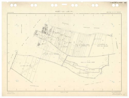 VERT-LE-GRAND, plans minutes de conservation : tableau d'assemblage,1936, Ech. 1/10000 ; plans des sections A1, A2, B1, B2, B3, CU, 1936, Ech. 1/2500, sections V1, V2, WU, XU, ZU, 1954, Ech. 1/2500. Polyester. N et B. Dim. 105 x 80 cm [12 plans]. 