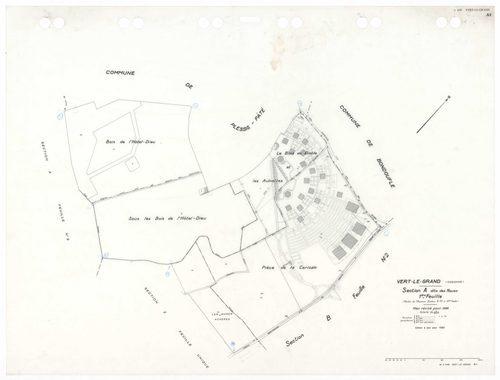 VERT-LE-GRAND, plans minutes de conservation : tableau d'assemblage,1936, Ech. 1/10000 ; plans des sections A1, A2, B1, B2, B3, CU, 1936, Ech. 1/2500, sections V1, V2, WU, XU, ZU, 1954, Ech. 1/2500. Polyester. N et B. Dim. 105 x 80 cm [12 plans]. 