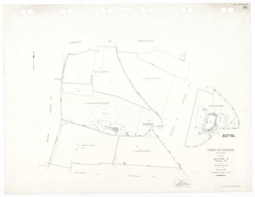 VERT-LE-GRAND, plans minutes de conservation : tableau d'assemblage,1936, Ech. 1/10000 ; plans des sections A1, A2, B1, B2, B3, CU, 1936, Ech. 1/2500, sections V1, V2, WU, XU, ZU, 1954, Ech. 1/2500. Polyester. N et B. Dim. 105 x 80 cm [12 plans]. 