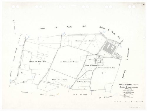 VERT-LE-GRAND, plans minutes de conservation : tableau d'assemblage,1936, Ech. 1/10000 ; plans des sections A1, A2, B1, B2, B3, CU, 1936, Ech. 1/2500, sections V1, V2, WU, XU, ZU, 1954, Ech. 1/2500. Polyester. N et B. Dim. 105 x 80 cm [12 plans]. 