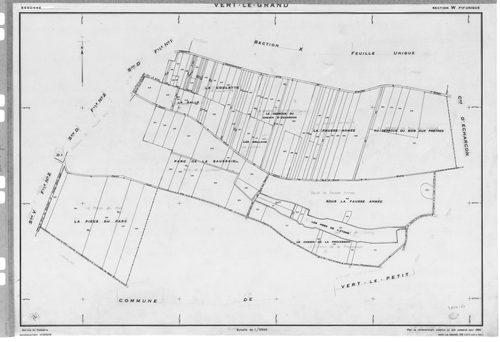 VERT-LE-GRAND. - Cadastre révisé pour 1936 : plan du tableau d'assemblage, plans de la section A les Noues 1ère feuille, section B Montaubert 1ère feuille, idem 2ème feuille, idem 3ème feuille, section D le Village 2ème feuille ; cadastre renouvelé pour 1
