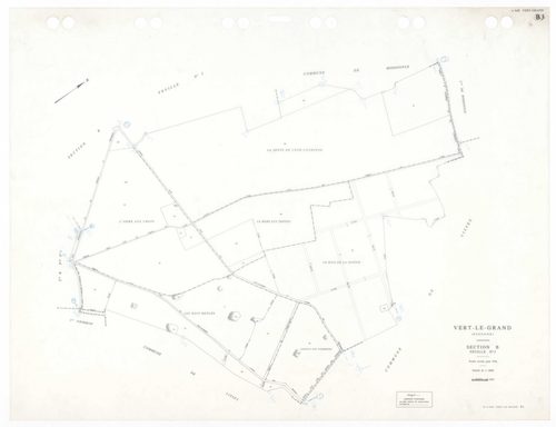 VERT-LE-GRAND, plans minutes de conservation : tableau d'assemblage,1936, Ech. 1/10000 ; plans des sections A1, A2, B1, B2, B3, CU, 1936, Ech. 1/2500, sections V1, V2, WU, XU, ZU, 1954, Ech. 1/2500. Polyester. N et B. Dim. 105 x 80 cm [12 plans]. 